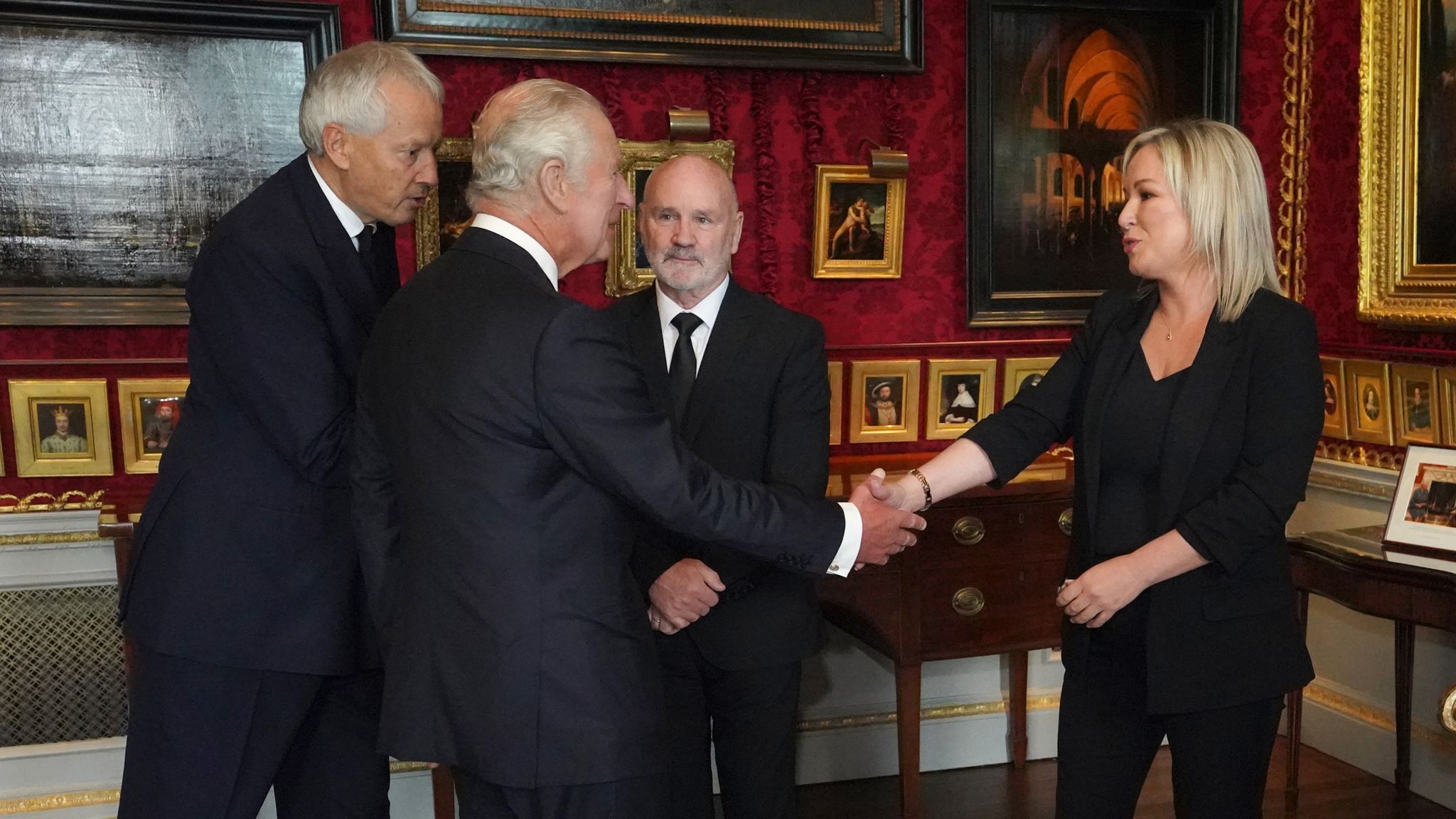 Michelle O'Neill shaking hands with Charles Windsor at Stormont House, September 2022